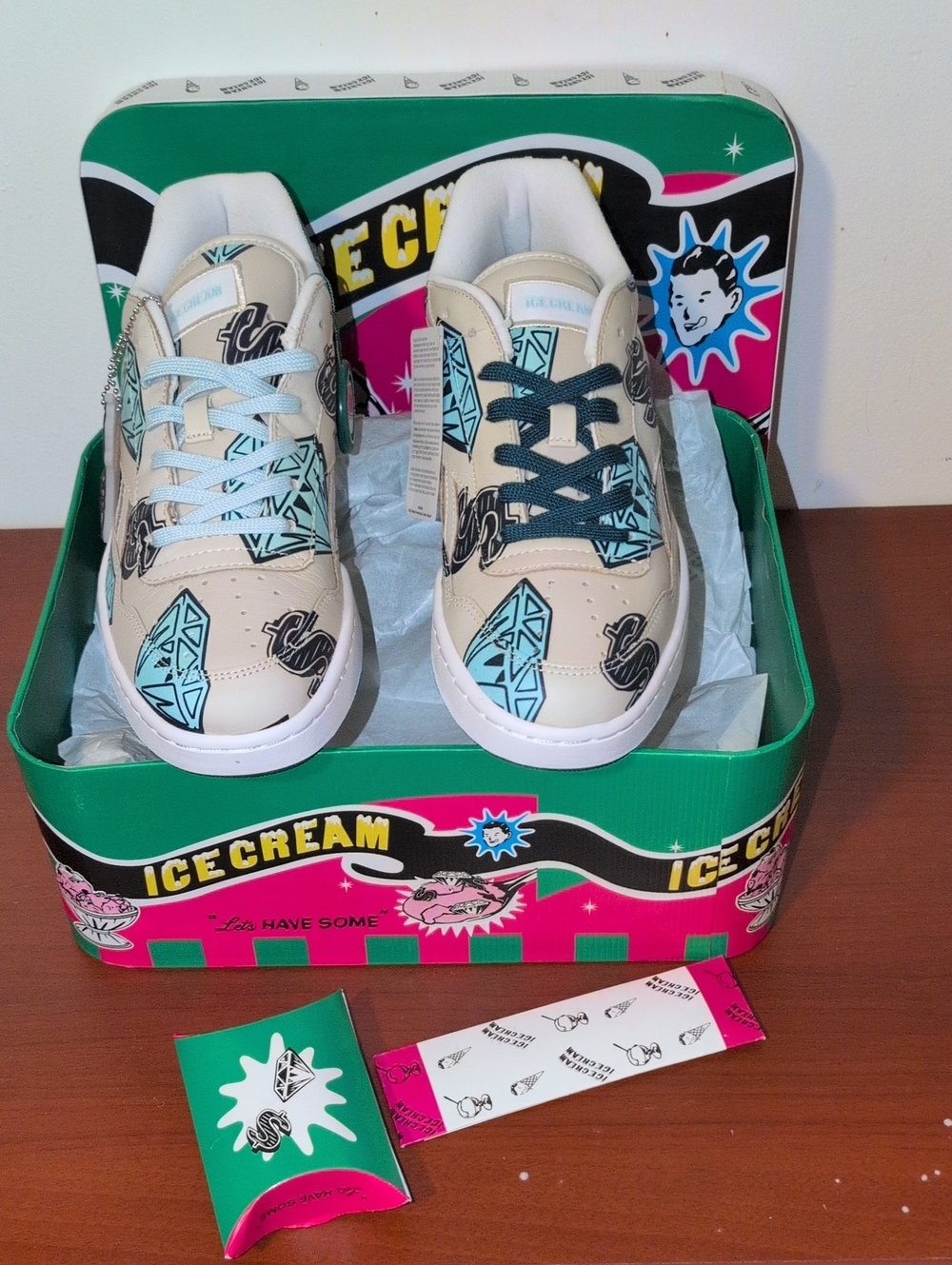 Icecream Beige Sneakers with Light Blue and Teal Graphic Accents